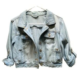 Highway Jeans Jacket Women's Large Blue Jean Western Roll Tab Sleeve Crop Denim